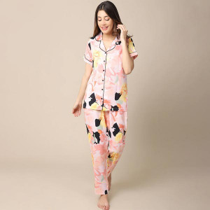 Women Peach-Coloured & Black Printed Night Suit